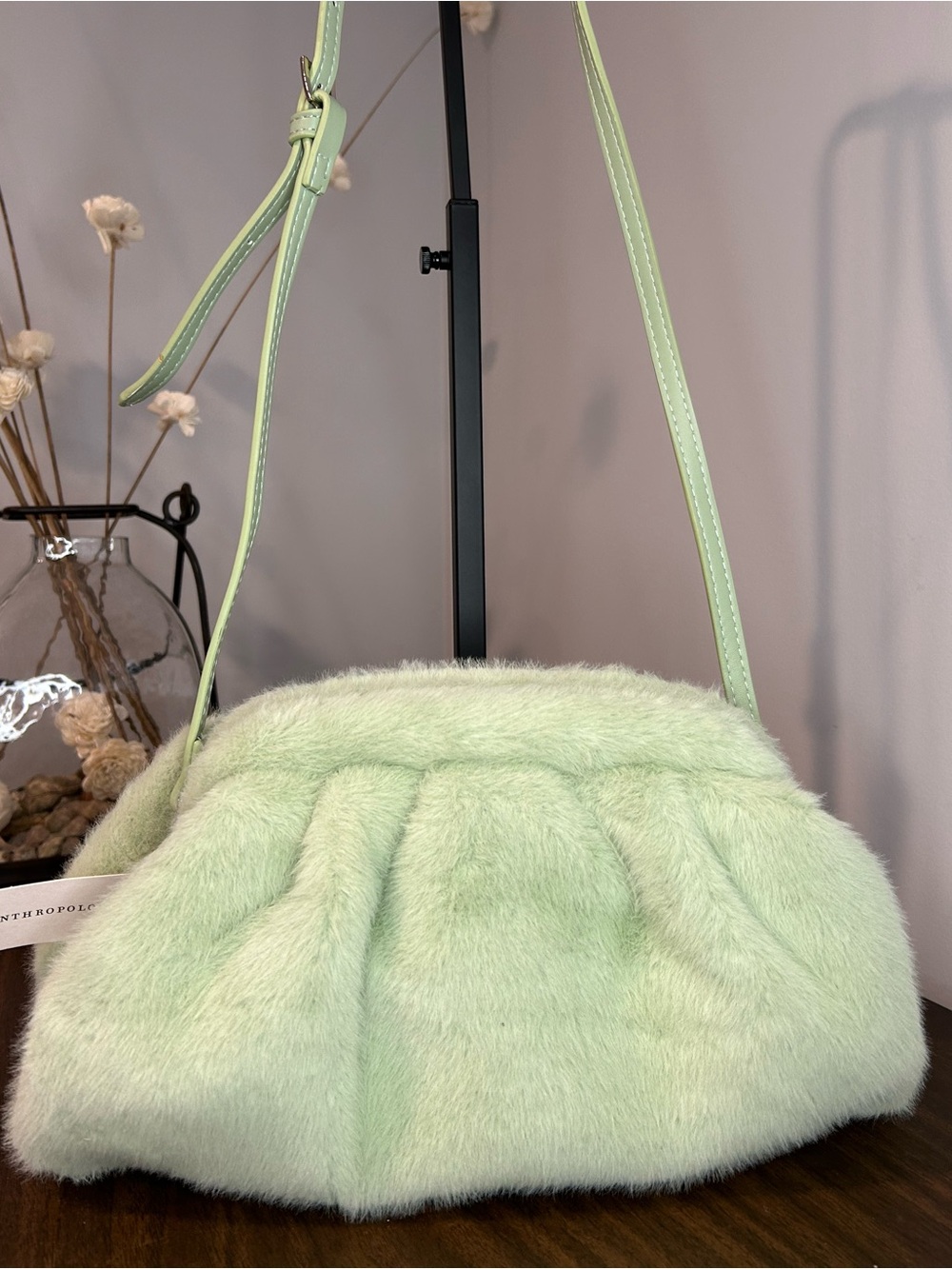 Anthropologie NWT Sage Green Faux Fur Shoulder Crossbody Bag with Pouch